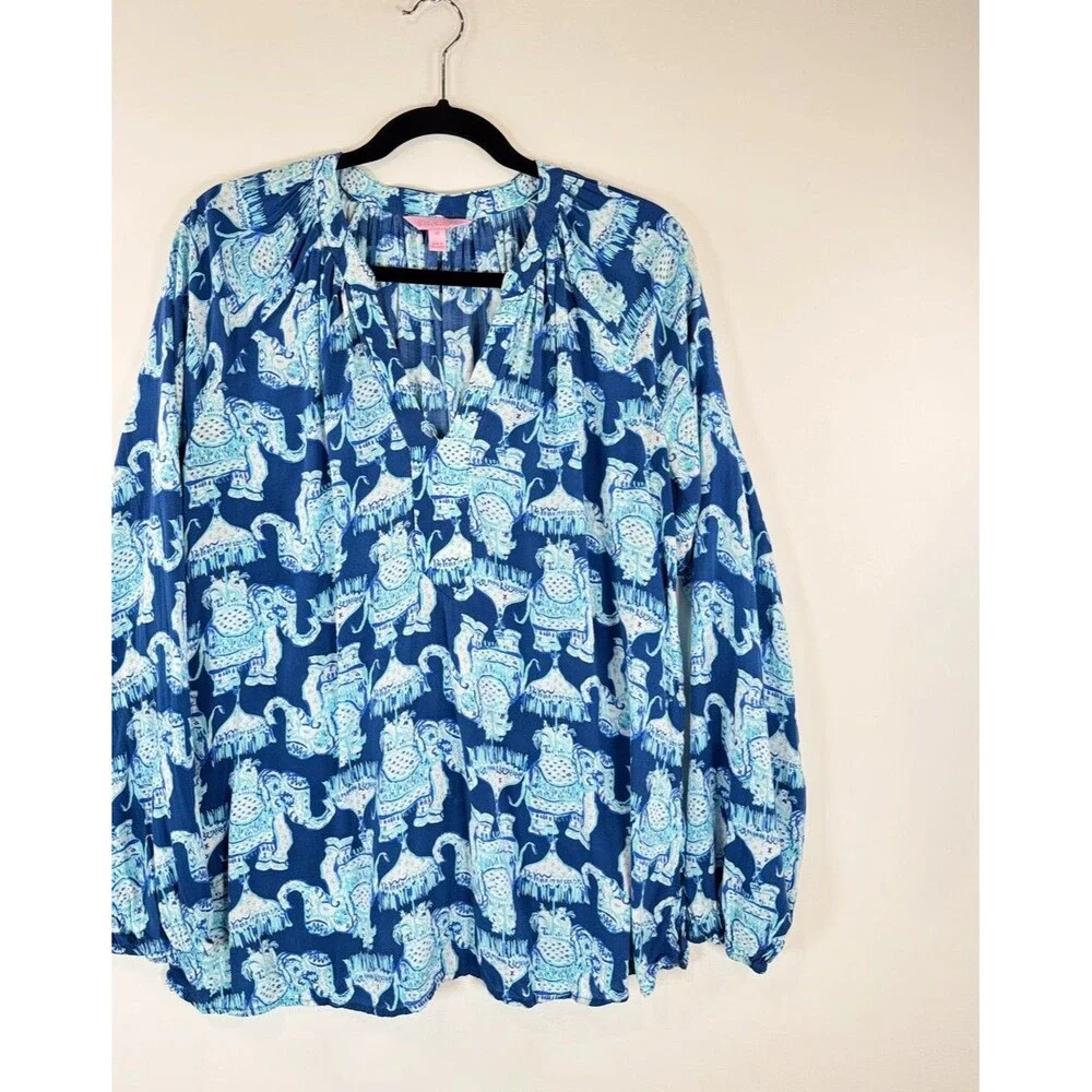 Lilly Pulitzer Womens Top Blue Martinique Elephant V Neck Blouse Casual Medium - Picture 6 of 13